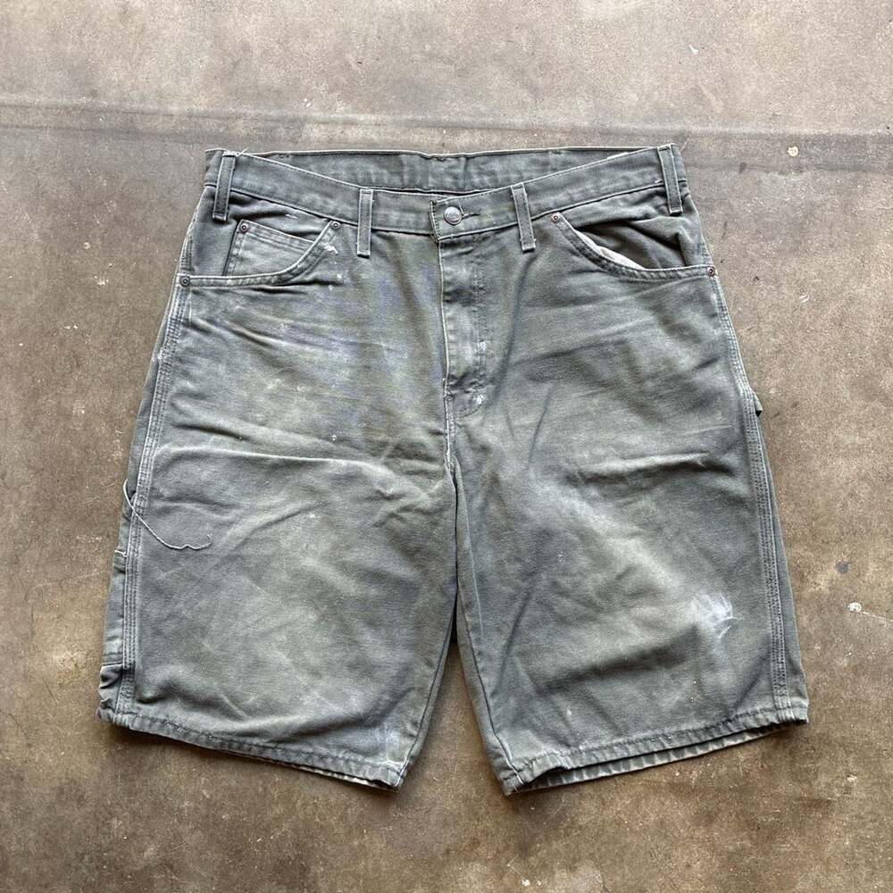 Dickies Carpenter Shorts Size 34 Green Cotton Work Wear Distressed